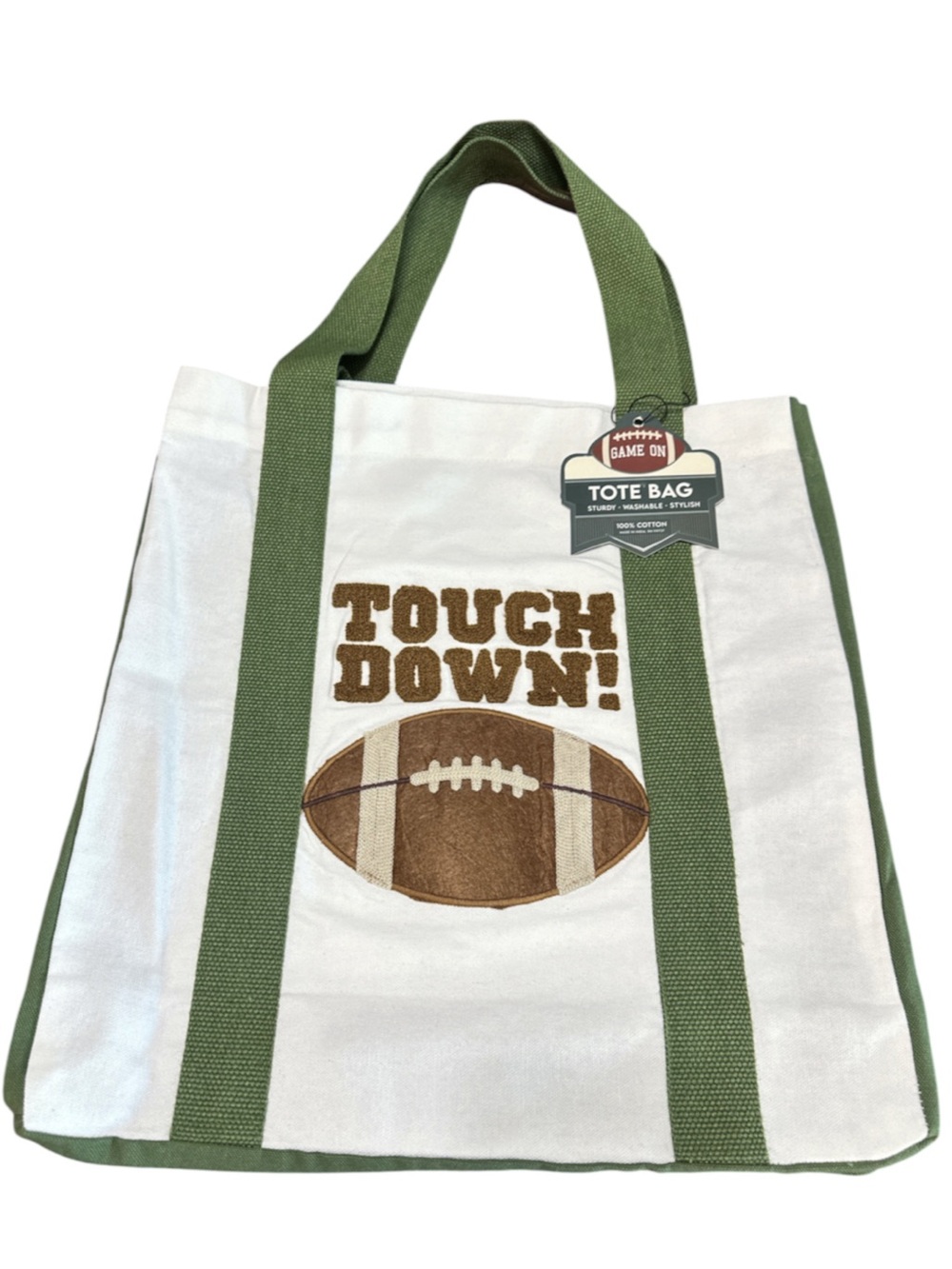 NEW Game On TOUCH DOWN! Football 🏈 Canvas Tote Bag - Green, Brown and White